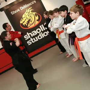 Kids in martial arts class at Shaolin Studios, Fairfield, developing fitness, discipline, and self-confidence.